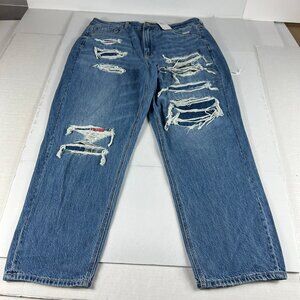 American Eagle Jeans Women's 16R Mom Straight Jean Blue Faded Distressed Denim